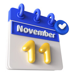 11th November Calendar 3D Render With Check Mark Icon