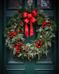 Fototapeta na wymiar Christmas wreath with decor on a wooden front door