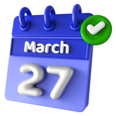 27th March Calendar 3D Render With Check Mark Icon