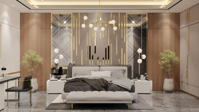 Modern Luxury Bedroom design Animation. 3D Illustration Render