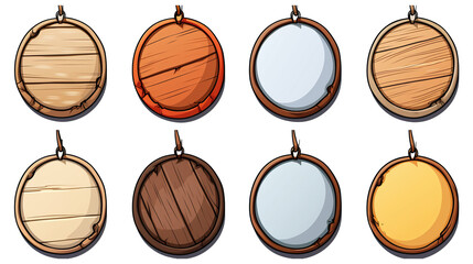 Cartoon and Game style set of  Round wooden sign board collection with colors, Vintage Retro, isolated background, png