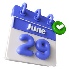 29th June Calendar 3D Render With Check Mark Icon