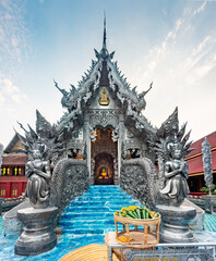 Entrance to Wat Sri Suphan,metallic silver Buddhist temple,Chaingmai old town,Thailand.