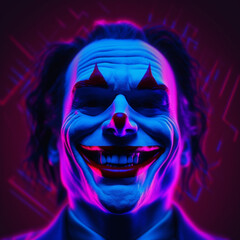 Neon Clown Face: Vibrant Pink and Blue Lights Artwork Created with generative AI tools.