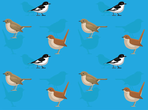 Bird Nightingale Thrush Flycatcher Cartoon Cute Seamless Wallpaper Background