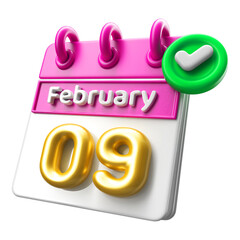 9th February Calendar 3D Render With Check Mark Icon