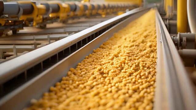 This image offers a detailed look at a conveyor belt system, transporting corn or other feedstocks towards the ethanol production area. The belts are made of sy rubber to withstand heavy