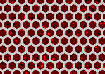 Irregular hexagonal pattern with small red Christmas dots inscribed in hexagons with a wave water border on a light grey background - 676172702