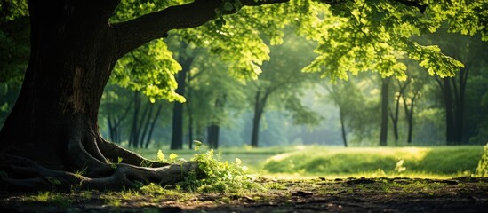 The summer sunlight gently filters through the lush green leaves of the towering trees creating a beautiful texture in the background of the spring landscape making it a perfect wallpaper fo