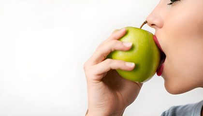 Woman biting a green apple on white background