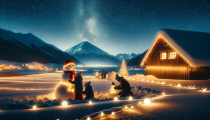 Enchanted Winter Night: Family Building Snowmen by Mountain Village