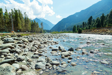 Lidder river flowing at Amarnath Yatra base camp in Pahalgam, Jammu Kashmir,India.
