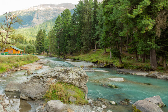 Lidder river flowing at Betaab valley hut in Pahalgam,Jammu Kashmir, India