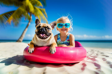 A girl and a french bulldog sitting in rubber dinghy on a Caribbean beach