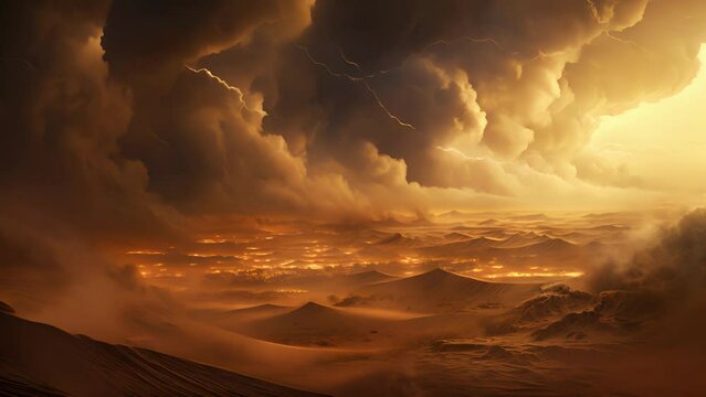A raging sandstorm surges across the desertscape crackling with fierce desert winds and swallowing everything in its path.