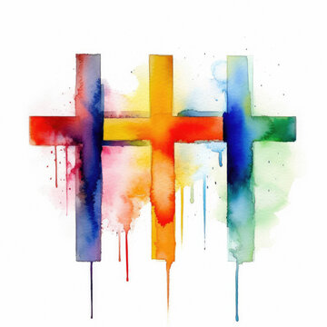 The Cross - Three cross symbols, painting in modernist watercolour paint, with a clean minimalist symbolic technique