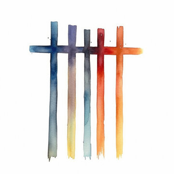 The Cross - cross symbols, painting in modernist watercolour paint, with a clean minimalist symbolic technique