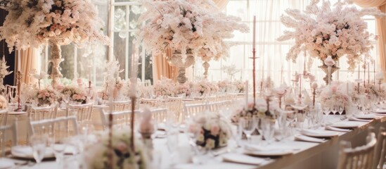 The wedding celebration had a luxurious interior design with a white floral background pink flower decorations on the tables and elegant glassware creating a fashionable and romantic atmosph