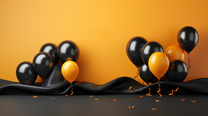Black Friday sale background with glossy balloons on a dark scene. Discount or sale marketing advertisement for poster, Ads, web banner, flyers, social and fashion ads, brochure. Generative AI