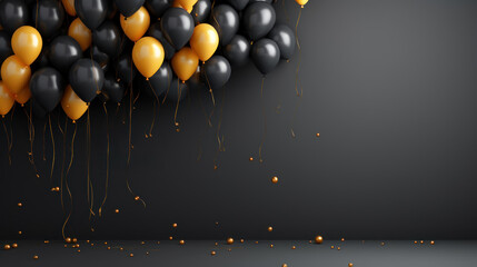 Black Friday sale background with glossy balloons on a dark scene. Discount or sale marketing advertisement for poster, Ads, web banner, flyers, social and fashion ads, brochure. Generative AI
