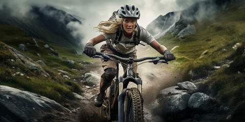 A daring woman embarks on a mountain trail adventure with her reliable mountain bike, embracing the thrill of the outdoors.