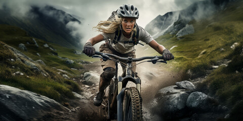 Naklejka premium A daring woman embarks on a mountain trail adventure with her reliable mountain bike, embracing the thrill of the outdoors.
