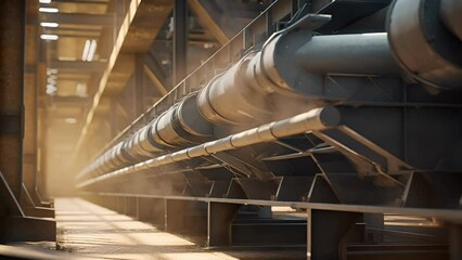 A closeup shot of a sophisticated ash handling system within the plant. The system integrates conveyor belts, magnetic separators, and dust collectors to efficiently remove and treat the