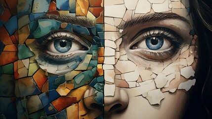 Personality Disorder Woman Shattered Broken Fragments.  Generated with AI.