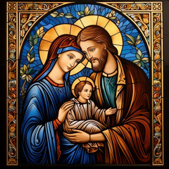 The Holy Family portrayed with Mary, Jesus, and Giuse in an iconographic style, featuring motifs that evoke spiritual significance. © Duka Mer