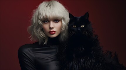 White Haired Woman and Black Cat Generated by AI.