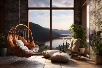 Modern living room with hanging chairs, open window and view, in the style of sunrays shine upon it warm tones - obrazy, fototapety, plakaty