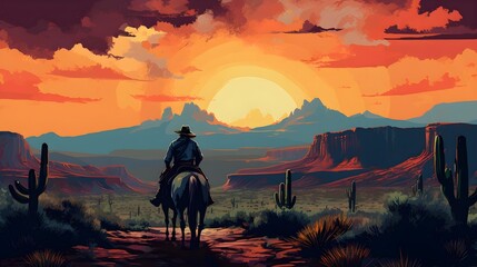 Cowboy In The Arizona Desert Sunny Lanscape.  Generated with AI.