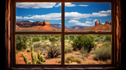 Looking Out The Window Into The Arizona Desert Sunny Lanscape.  Generated with AI.
