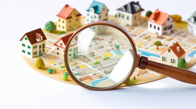 Magnifying Glass On The Search For Housing On Game Board.  Generated With AI.