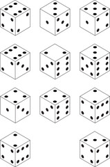 Black and white Dice isolated objects of vector gambling games design, random numbers of black dots.
