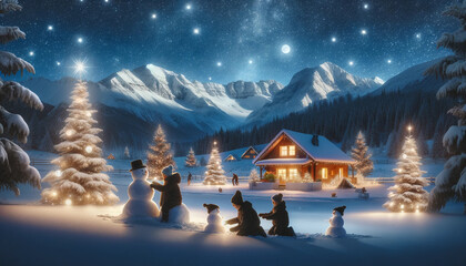  It features a family building snowmen in the foreground, with an array of snow-covered trees and a warmly lit house adding to the charming atmosphere. The night sky is dotted with bright stars