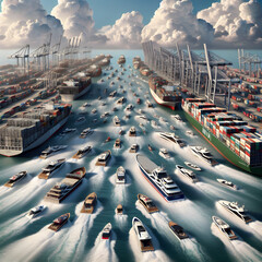 Cargo and sea transportation concept with ships and boats and container vessels all crowded in a port heading to sea - obrazy, fototapety, plakaty