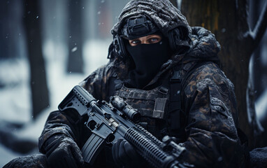 Armed soldier in winter camouflage gear with firearm ready in snowy terrain - obrazy, fototapety, plakaty