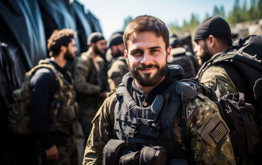 Fototapeta na wymiar Smiling soldier in camouflage with squad in the background, ready for duty.