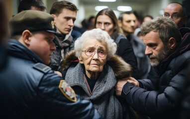 Elderly woman with glasses and fur collar receives help in a busy indoor setting, surrounded by concerned individuals.