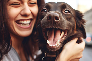 Portraits of a happy big dog with its owner are smiling and embracing gladly in the city. Selfie of...