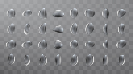 Vector realistic set of liquid waterdrop and droplet with different shapes. Realistic condensation water tears. Closeup abstract fresh waterdrops and droplet on transparent background. Vector.