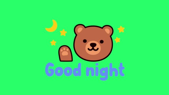 Animation brown bear face with text Good night on green background.