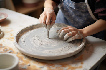 The close up of a potter's hand is working and creating patterns at the beginning of a molding pottery process in a ceramic workshop. AI Generative AI.