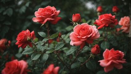 a bunch of red roses blooming in a garden

