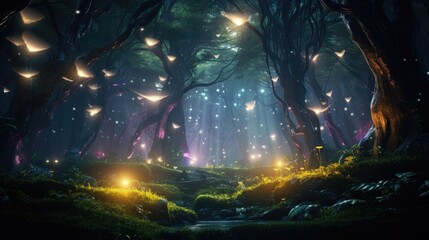 Nighttime forest enchanted by radiant mushrooms, reflecting water beneath trees. Fairy tale ambiance.