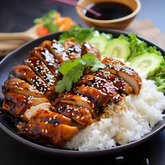Teriyaki chicken with white rice. Generative ai