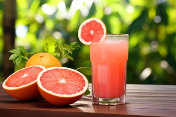 A healthful glass of freshly pressed grapefruit juice with a citrus garnish on a country-style table under the summer sun