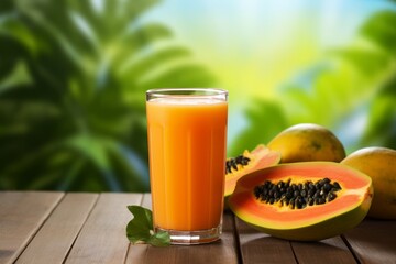 A Healthy Start to the Day with a Glass of Freshly Made Papaya Juice on a Wooden Table in Warm Morning Sunlight
