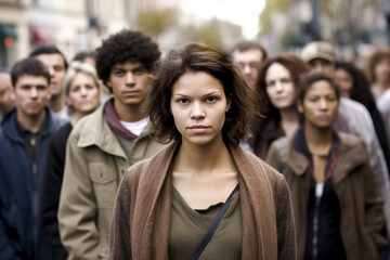 Large group of serious people standing on the street looking at the camera. In the center stands a woman in focus.